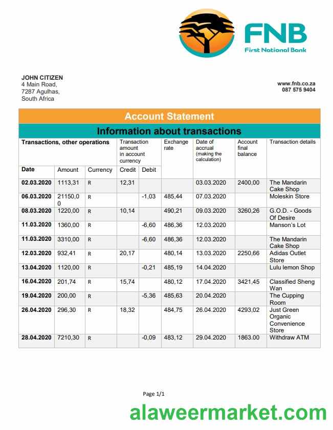South Africa First National Bank (FNB) proof of address statement template in Word and PDF format